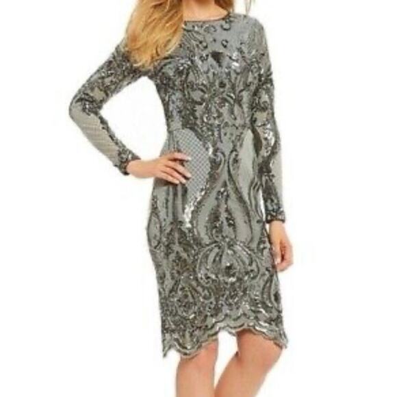 Betsy & Adam Sequin Bodycon Cocktail Dress Size 2 teal glam knee high long - Picture 4 of 16